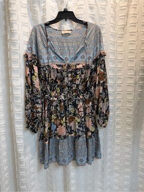 Boho Floral Tiered Peasant Dress in Black & Dusty Blue
